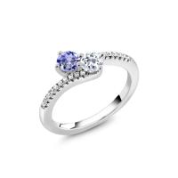 China Gem Stone King 0.87 Ct Round Blue Tanzanite White Topaz 925 Sterling Silver Bypass Ring on sale