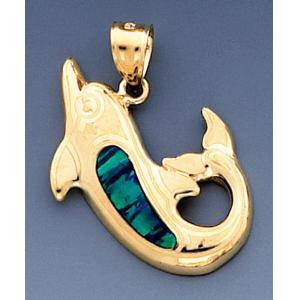 Kids Women Men 14k Gold 28.29mm Dolphin Pendant With Inlaid Opal