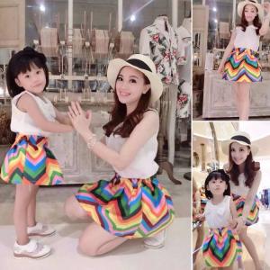 2016 Fashion Parent-child outfits Summer White Top+Cute Rainbow Skirt 2 PCS