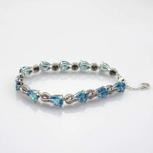 Sterling Silver Created Blue Topaz Clear CZ Diamonds Tennis Bracelet(B02BLUE)