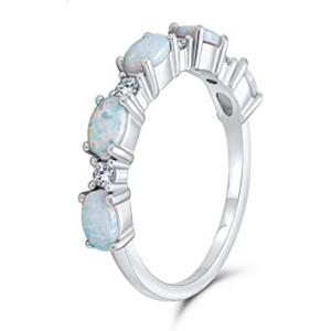 China Thin CZ Accent Stackable 1/2 Eternity Oval Blue Pink Created Opal Band Ring For Women supplier