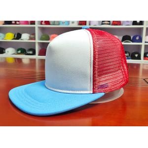 100% cotton twill white blue and red polyester mesh 5panel foam snapback hats caps