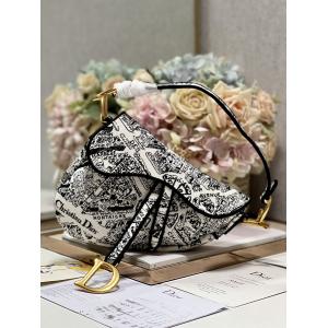 Women Embroidery Dior Saddle Sling Bag Patchwork 25cm With 3 Interior Pockets