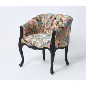 Elegant black oak  Wood Frame French Style Chair Crazy birds Fabric Antique Armchair Accent chair