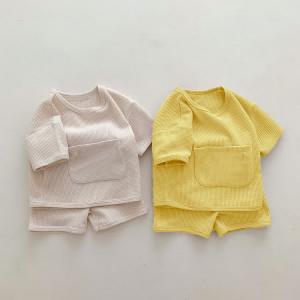 China Custom Toddlers Waffle Fabric 2Pcs Cotton Embroidery T Shirts Set Summer Loungewear supplier
