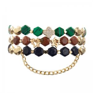 China Stretchy Malachite Beads Zircon Leaf Charm Bracelet With Gold Chain supplier