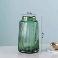 China Golden Metal Top Green Fluted Glass Vase Decor Modern Style Flower Holder For Home Office on sale