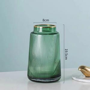 Golden Metal Top Green Fluted Glass Vase Decor Modern Style Flower Holder For Home Office