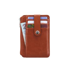 China Women Brown Leather Business Card Holder Debossed Logo With Zip Pocket wholesale