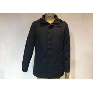 China Winter Padded Mens Medium Trench Coat Navy Blue Hood And Zip Through Outwear supplier