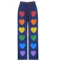 China Small Quantity Clothing Factory Women'S Love Print Straight Leg Jeans With Tie-Up Trousers on sale