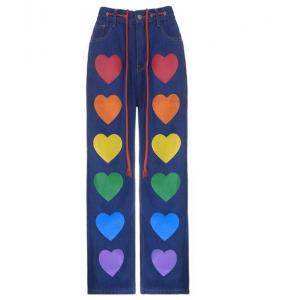 Small Quantity Clothing Factory Women'S Love Print Straight Leg Jeans With Tie-Up Trousers