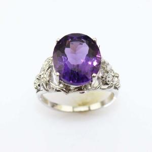 Gemstone Silver Jewelry 10mmx12mm Purple and Clear Cubic Zircon Ring(FR0180)