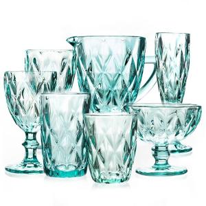 China Hand Blown Diamond Cut Crystal Wine Glasses , 200ml Glass Cup Sky Blue Colored supplier