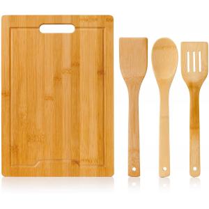 Extra Large Kitchen Bamboo Wood Cutting Board With 3 Pcs Utensils Set