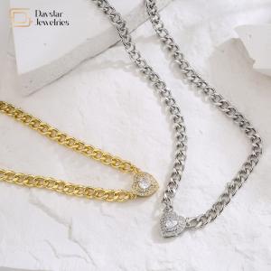 China Love Diamond Zircon Charm Heart Pendant Necklace Stainless Steel Cuban Link Chain supplier