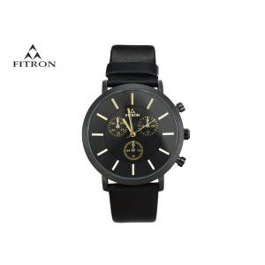 Coolest 6 Pin All Black Leather Watch , Men'S Quartz Watches For Work Anti Water