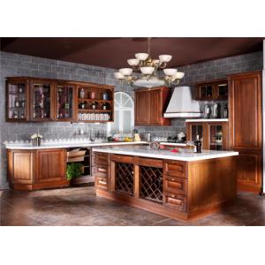 Contemporary L Shaped Kitchen Cabinets With Glass Door And Red Paint Island