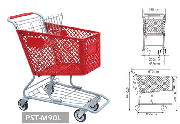 Plastic shopping trolley,supermarket trolley,plastic and metal trolley