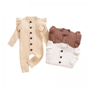 China Infant Baby Hand Knit Frill Sleeve Footless Romper One Piece Button Down Cotton Jumpsuit supplier