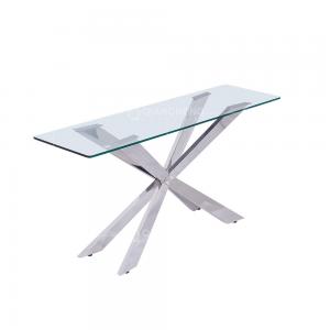 China Qiancheng Glass Transparent Console Table Mirrored Chrome Stainless Steel Sofa Table supplier