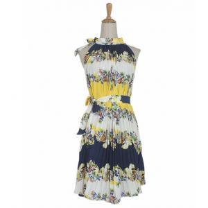 Summer Halterneck Floral Print Sleeveless Pleated Dresses With Belt For Women