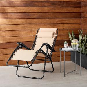 Outdoor Textilene Adjustable Zero Gravity Folding Reclining Lounge Chair With Pillow, 26", Beige