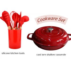 China Red Enamel Cast Iron Shallow Casserole With Silicone Cutlery Sets supplier