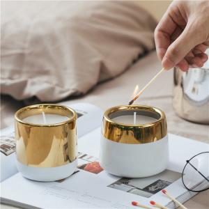China Luxury Handmade Custom Ceramic Candle Jars With Golden Electroplated supplier