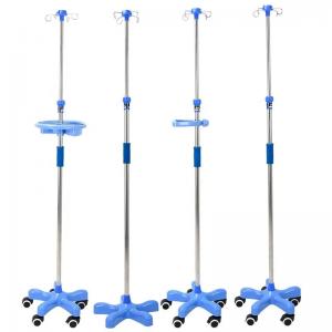 Hospital Four Legged Mobile Stainless Steel Infusion Set IV Pole Drip Rack With Wheels
