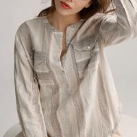 China Loose 55% Linen Ladies Casual Tops Round Neck Striped Long Sleeve Shirt Womens on sale