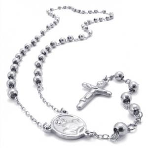 China 316L Stainless Steel Saint Praying Rosary Beads Ball Chain Necklaces With Jesus Cross supplier