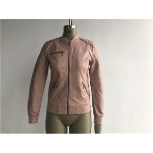 Pink Color Womens PU Faux Leather Bomber Jacket With Rib Neck TW77437