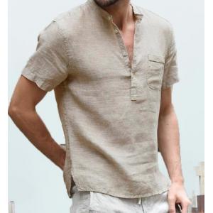 Botón de lino de las camisas de manga corta de los hombres de la ropa del OEM abajo de las camisas casuales del verano de la playa