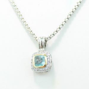 (N-41)Women's Jewelry Silver Plated Chain with Blue Topaz Cubic Zircon Petite Pendant Neck