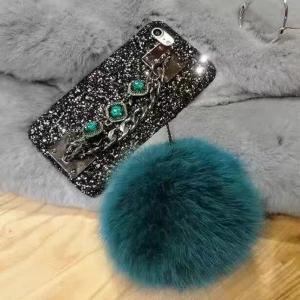 China DIY Luxurious Fox Fur Ball Gem Back Chain Shiny Black Sequins Cell Phone Case Cover For iPhone 7 6s Plus supplier