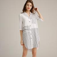 China Off White Half Sleeve Shirt Dress Yarn Dyed Button Up Linen Dress With Chest Pocket on sale