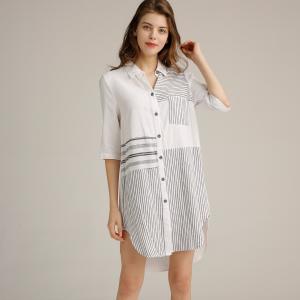 China Off White Half Sleeve Shirt Dress Yarn Dyed Button Up Linen Dress With Chest Pocket supplier