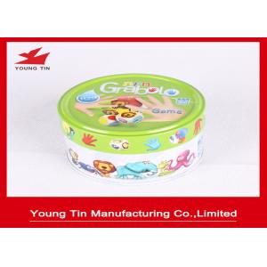 China Small Round Logo Embossed Tin Boxes For Children Cards Games Toy Packaging supplier