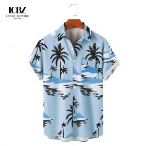 China Custom Printed Hawaiian Camp Shirt for Men Allover Logo Design Covered Button Closure supplier