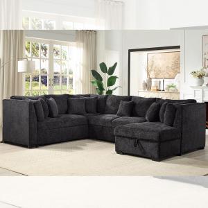 China U-Shaped Sectional Sleeper Sofa with Pull Out Bed and Storage Chaise Lounge, Black Fabric wholesale
