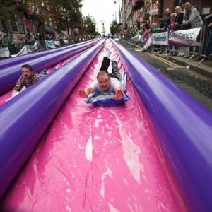 500ft Exciting Big Inflatable Slides , 3 Lane Long Water City Slide