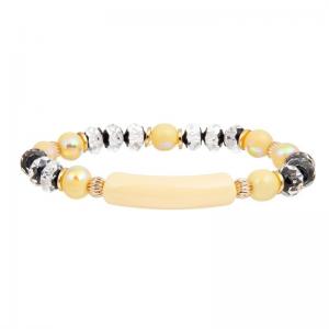 Bracelets perlés faits main de barre en plastique jaune élastiques avec les perles en verre argentées