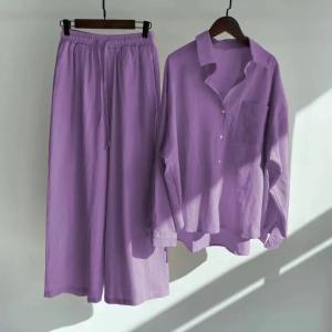                  Women&prime;s Spring Suit Retro Plus Size Cotton and Hemp Shirt Suit High Waist Loose Trousers Casual Shirt Suit             