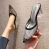 China 3111-2 Korean Fashion Pointed Shallow High Heeled Shoes Net Red Diamond Sandals Thick Heel Gauze Show Thin Back Empty Wo wholesale