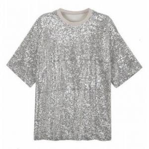 Bulk Mens Sequin T Shirt , Polyeste  Back Zipper Metallic Silver T Shirt