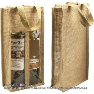 Double Window Two Bottles Burlap Jute Wine Bottle Bag Wedding, Party Favors, Christmas, Holiday And Wine Tasting