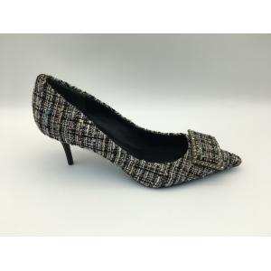 Checkered Upper Ladies Pumps Shoes , Women'S High Heel Dress Shoes With Square Metal Buckle