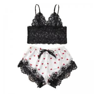 China 2 Pieces Sweet Heart Print Sexy Underwear Lace Short Sleeve Satin Sexy Lingerie Suit supplier