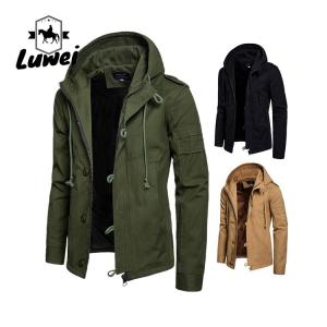 Winter Windproof Thin Work Outwear Blank Utility Cardigan Buttons Long Drawstring Hooded Coat Trench Men Jacket